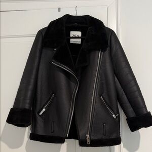 Zara Black Textured Leather Jacket
